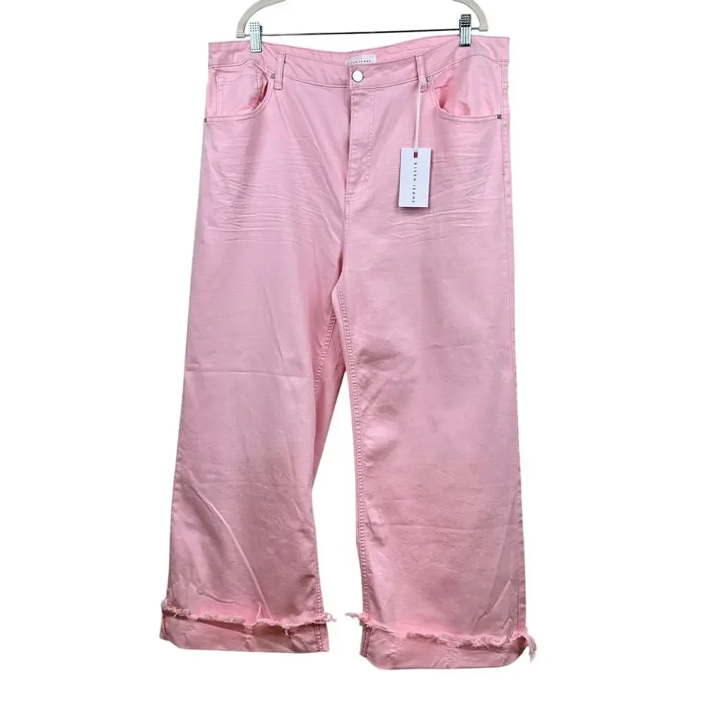 NEW Risen Jeans Wide Leg High Rise Fray Hem Stretch Light Pink 3XL Boho